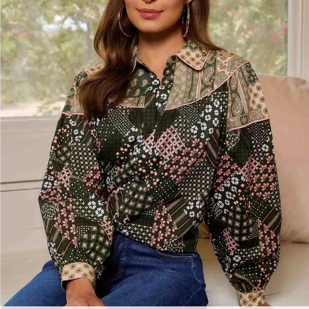 Green and Pink Patchwork Blouse